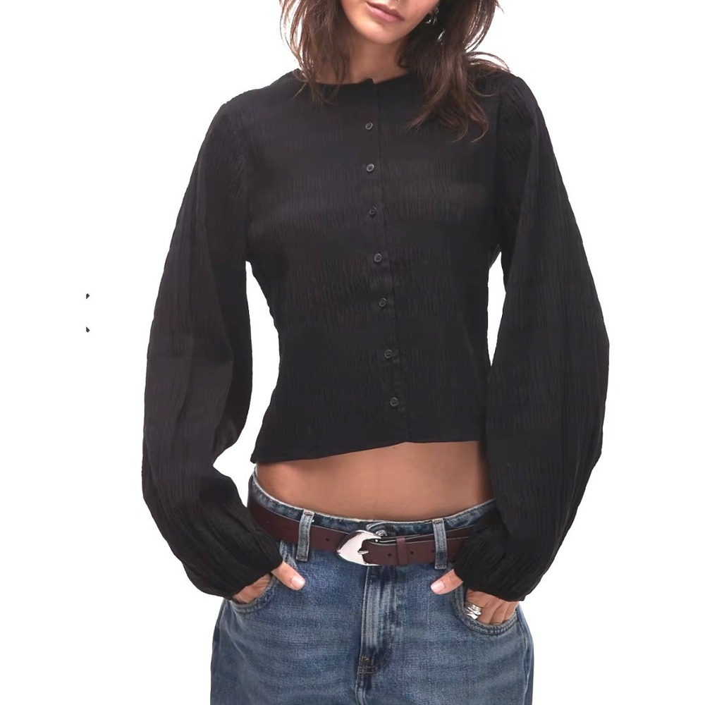 NEW &Other Stories Textured Puff Sleeve Button Front Blouse Black‎  sz S